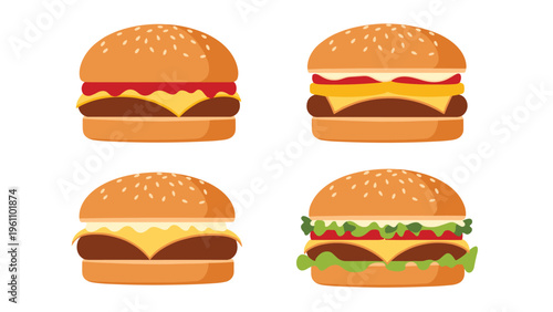 Collection of four various cheeseburgers with different toppings like lettuce, tomato, cheese, and multiple beef patties.