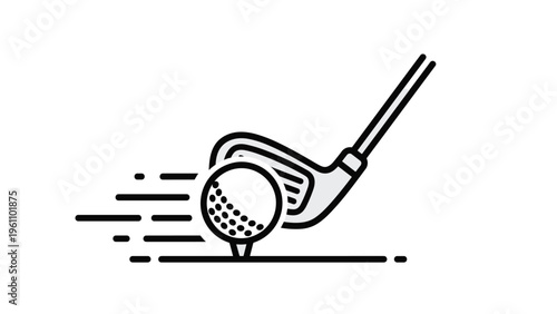 Dynamic illustration of a golf club making impact with a golf ball on a tee with motion lines indicating high speed.