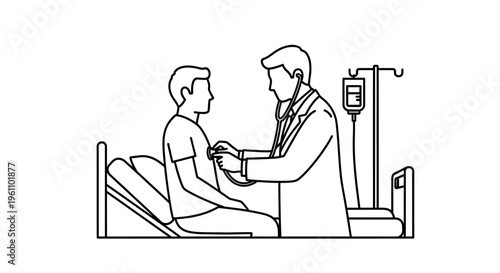 Doctor checks patient in hospital bed.