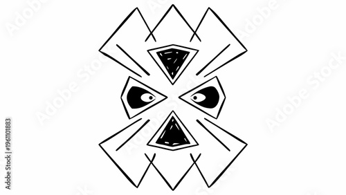 Geometric animal face, abstract black and white vector, tribal mask design, decorative illustration