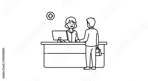 Man talking to woman at reception.