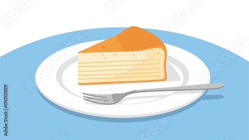 Slice of layered mille crepe cake served on a white plate with a metal fork against a soft blue and white background.