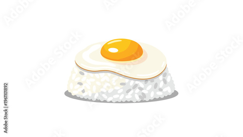 Simple and tasty dish featuring a sunny side up fried egg placed on top of a perfectly shaped mound of steamed white rice.