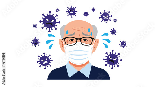 Concerned elderly man wearing a protective face mask while surrounded by angry virus particles during a health crisis.