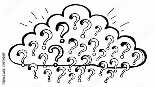 Question mark cloud, confusion concept, query symbols, thinking icons, black and white vector