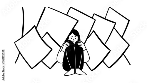 Lonely person, stressed woman, overwhelmed by paperwork, office stress, black and white vector