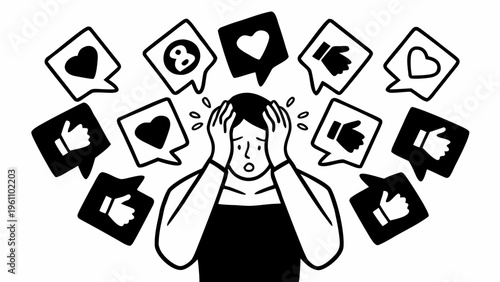 Social media overwhelm, stressed woman, thumbs and hearts, black icons
