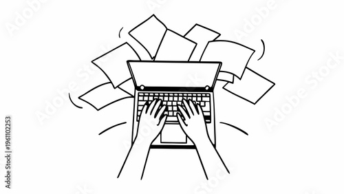 Busy office work, hands typing laptop, paperwork flying around, modern line art, minimalist illustration