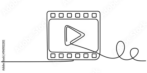 Continuous line drawing of a film strip frame with a play button symbol on white background Vector, illustration