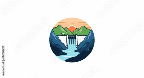 Scenic dam releasing water with mountains and sunset in background