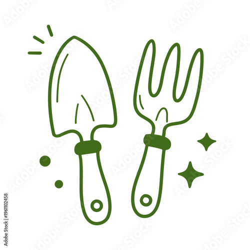 A minimalist spring and summer illustration of a garden trowel and hand-held pitchfork with stars and dots on a white background. Gardening