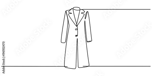 Continuous one line drawing of a long winter coat with buttons and lapels on white background. Vector, illustration