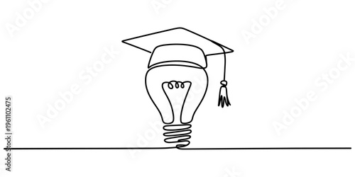 Minimalist one line art illustration of a lightbulb with a mortarboard on white background. Vector, illustration