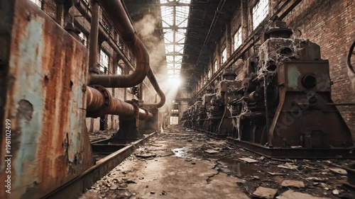 Dim rusted factory interior with broken floor tangled pipes and fading light over decayed machinery