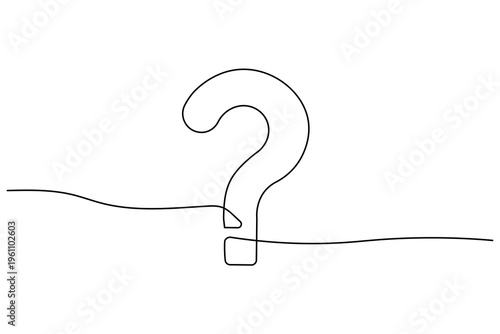 Minimalist continuous one line drawing of a question mark symbol on a white background. Perfect for FAQ, help, and curiosity concepts in a modern hand drawn style.