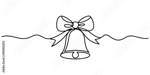 One line drawing of a festive bell decorated with a ribbon bow isolated on white. Vector, illustration