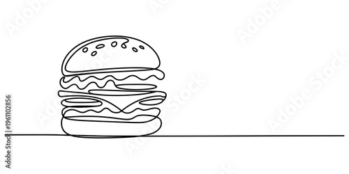 Continuous line drawing of a delicious burger with sesame seeds on top on white background Vector, illustration