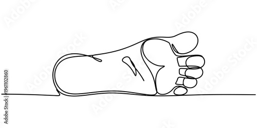Single line art illustration of a human foot silhouette against a plain white background. Vector, illustration