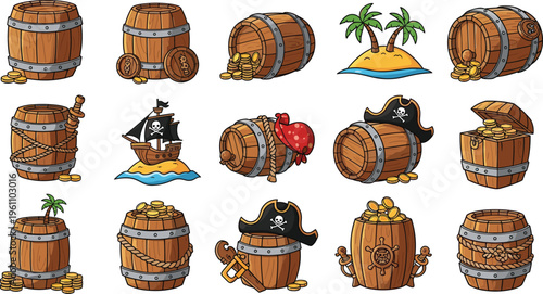 Pirate Treasure Barrel Icon Set with Gold Coins, Wooden Barrels, Pirate Ship, Island, Anchor, and Treasure Chest Vector Illustration