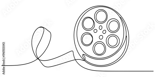 Continuous one line drawing of a movie film reel with unrolled tape in minimalist style Vector, illustration