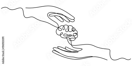 Continuous line drawing of two hands protecting a human brain for mental health awareness Vector, illustration