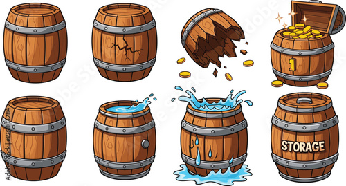 Wooden Barrel Cartoon Icon Set with Broken Barrel, Water Splash, Treasure Coins, Storage Barrel, and Game Asset Vector Illustration Collection