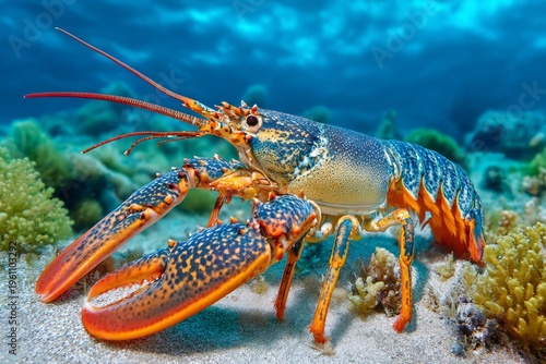 Colorful lobster standing on ocean floor near coral