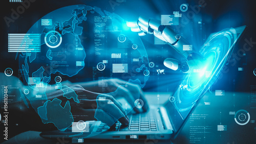 Tableau sur toile Futuristic robot artificial intelligence enlightening AI technology concept