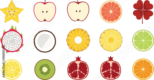 Fresh Fruit Slices Collection with Apple, Citrus, Kiwi, Pomegranate, Dragon Fruit and Tropical Elements Flat Vector Illustration Set Isolated on White Background