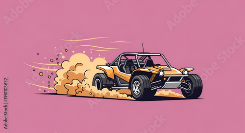 Cartoon buggy car speeding through desert sand kicking up dust trail in orange and black against pink background in vector style illustration