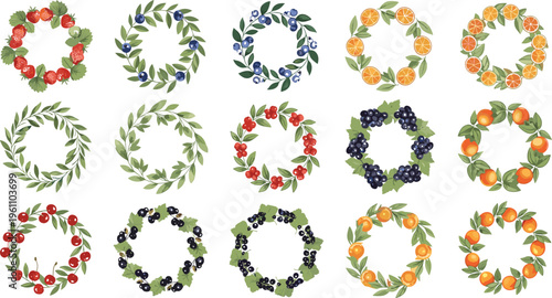 Fruit Wreath Collection with Fresh Berries, Oranges, Grapes, and Greens for Nature, Garden, and Seasonal Design Illustration Projects