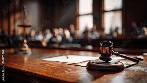 A judge's gavel rests on a wooden bench in a courtroom