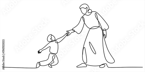Single line drawing of a mother reaching out to hold her young child's hand in a minimalist style Vector, illustration