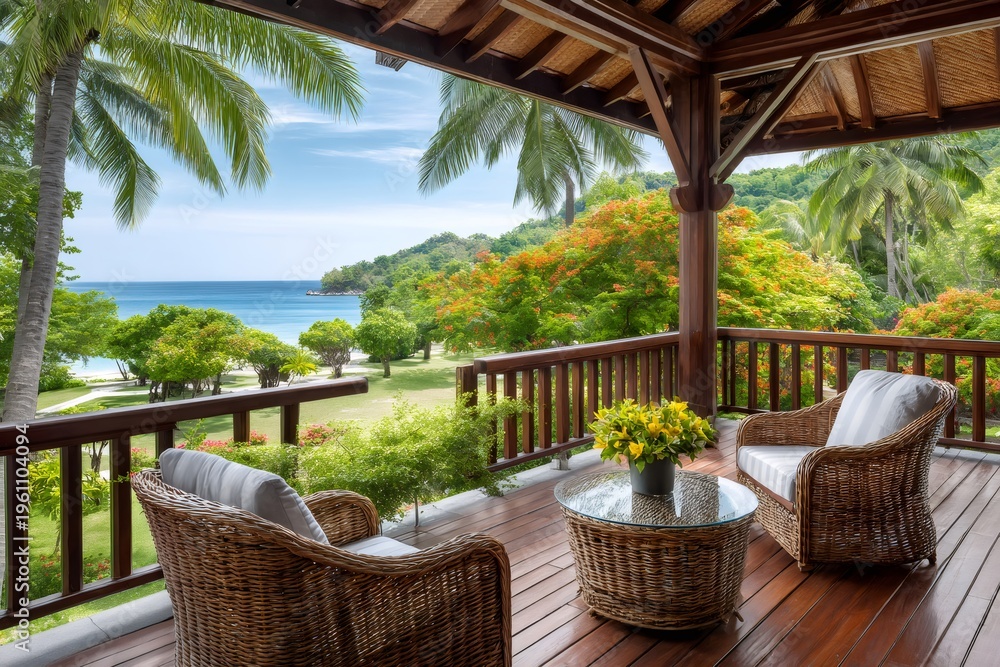Fototapeta premium Tropical resort balcony overlooking amazing ocean view