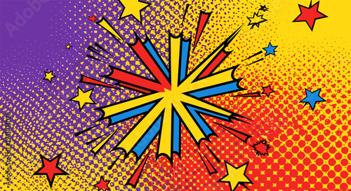 Vibrant comic explosion in colorful pop art style with dynamic motion lines and stars in bright lighting for graphic design