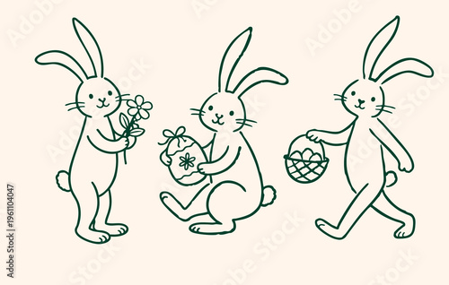 Hand Drawn Easter Bunny Characters Line Art Set