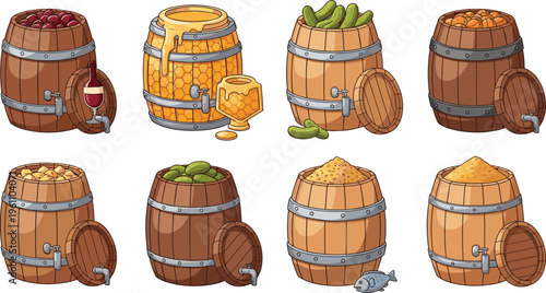 Wooden Food Storage Barrels Icon Set with Wine, Honey, Pickles, Grain, Fish, and Traditional Storage Containers Vector Illustration