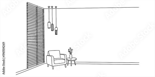 Minimalist line art illustration of a modern living room interior with furniture and lights. Vector, illustration