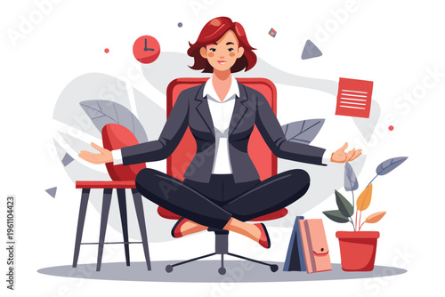 Professional woman meditating in office chair achieving calm and wellbeing at work