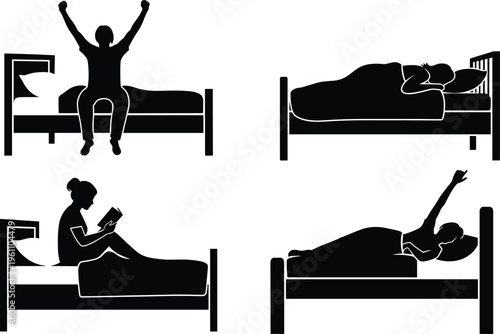 Black Silhouette Set of People in Bed Sleeping, Waking Up, Stretching, and Reading a Book for Wellness and Bedroom Routine