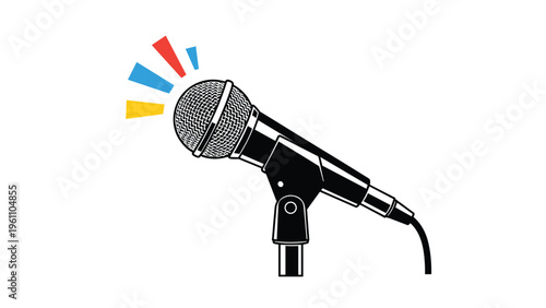 Professional vocal microphone on a stand with colorful abstract sound waves or lights on a white background for recording.