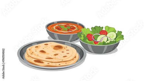 Traditional Indian meal set including spicy curry fresh salad and handmade naan bread served in bowls and a plate.