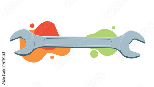 Large adjustable metal wrench placed over vibrant abstract colorful shapes on a white background, representing repair and maintenance.