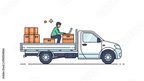Logistics professional sitting on a white pickup truck bed working on a laptop surrounded by brown cardboard delivery boxes.