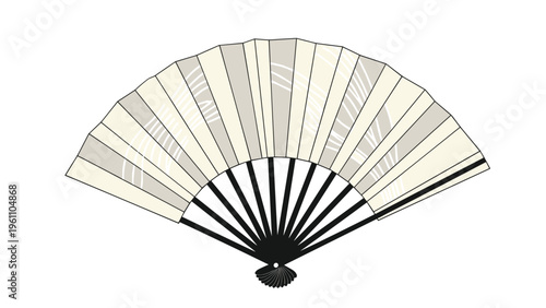 Traditional japanese folding fan with elegant beige and grey leaf patterns spread open against a white backdrop for cultural decor.