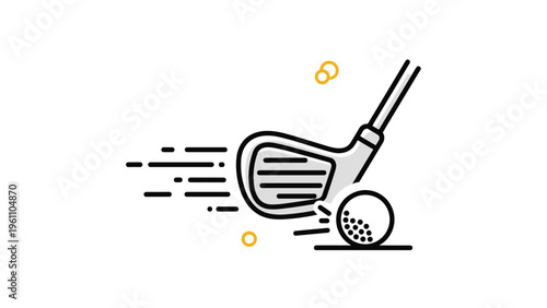 Dynamic illustration of a golf club hitting a ball with motion lines indicating speed and impact on a clean and simple white background.