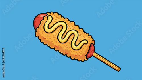 Mouth watering corndog on a wooden stick drizzled with yellow mustard and set against a vibrant bright blue background for a food theme.