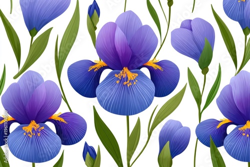 Purple iris flowers seamless pattern on white background