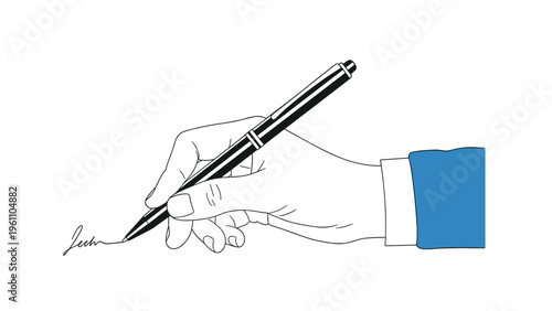 Close up of a human hand holding a black pen and signing a document on a white background, representing legal and business agreements.