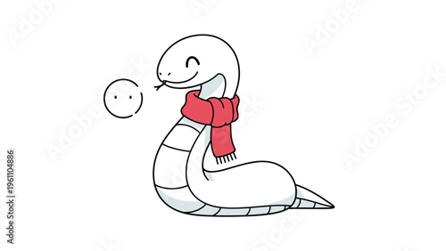 Cute white cartoon snake wearing a red scarf and sticking its tongue out, perfect for year of the snake or winter themed illustrations.